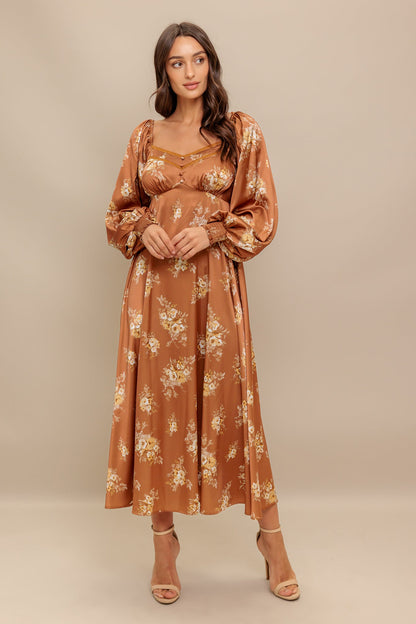 Caramel Sunset Woven Midi Dress With Sweetheart Neckline