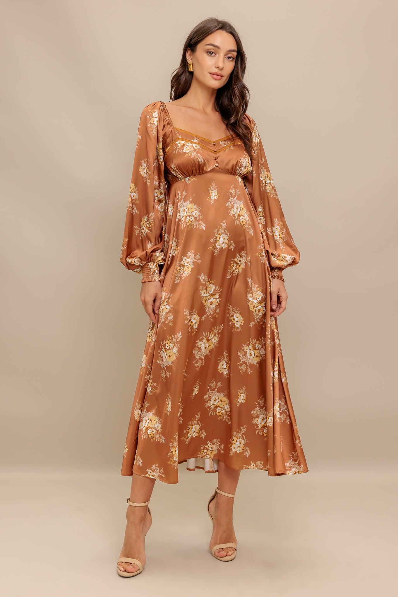 Caramel Sunset Woven Midi Dress With Sweetheart Neckline