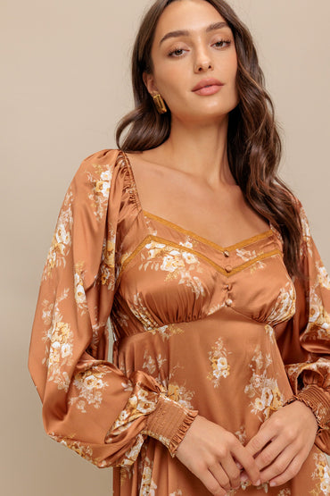 Caramel Sunset Woven Midi Dress With Sweetheart Neckline