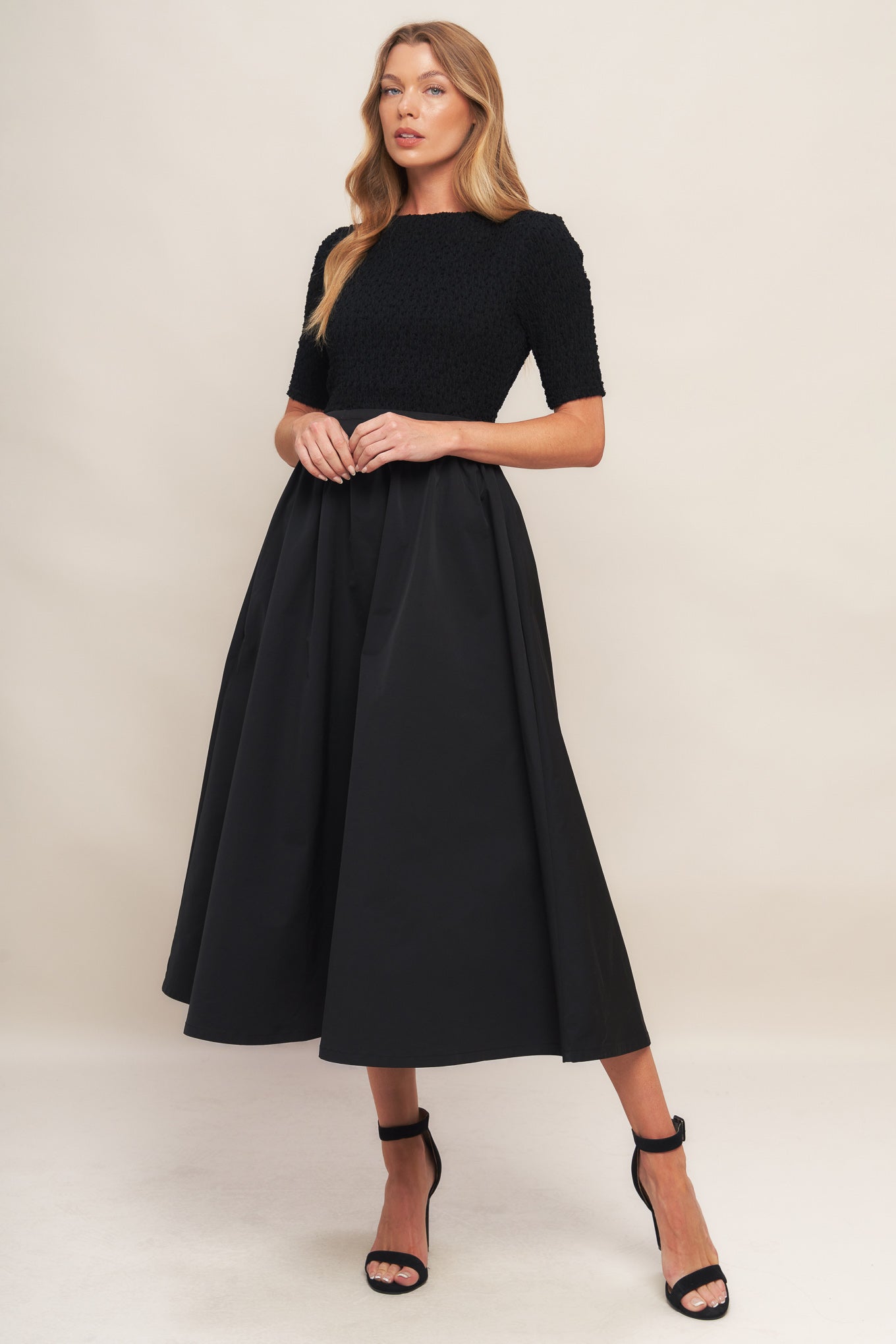 EVENING GRACE BLACK WOVEN MIDI DRESS Flying Tomato