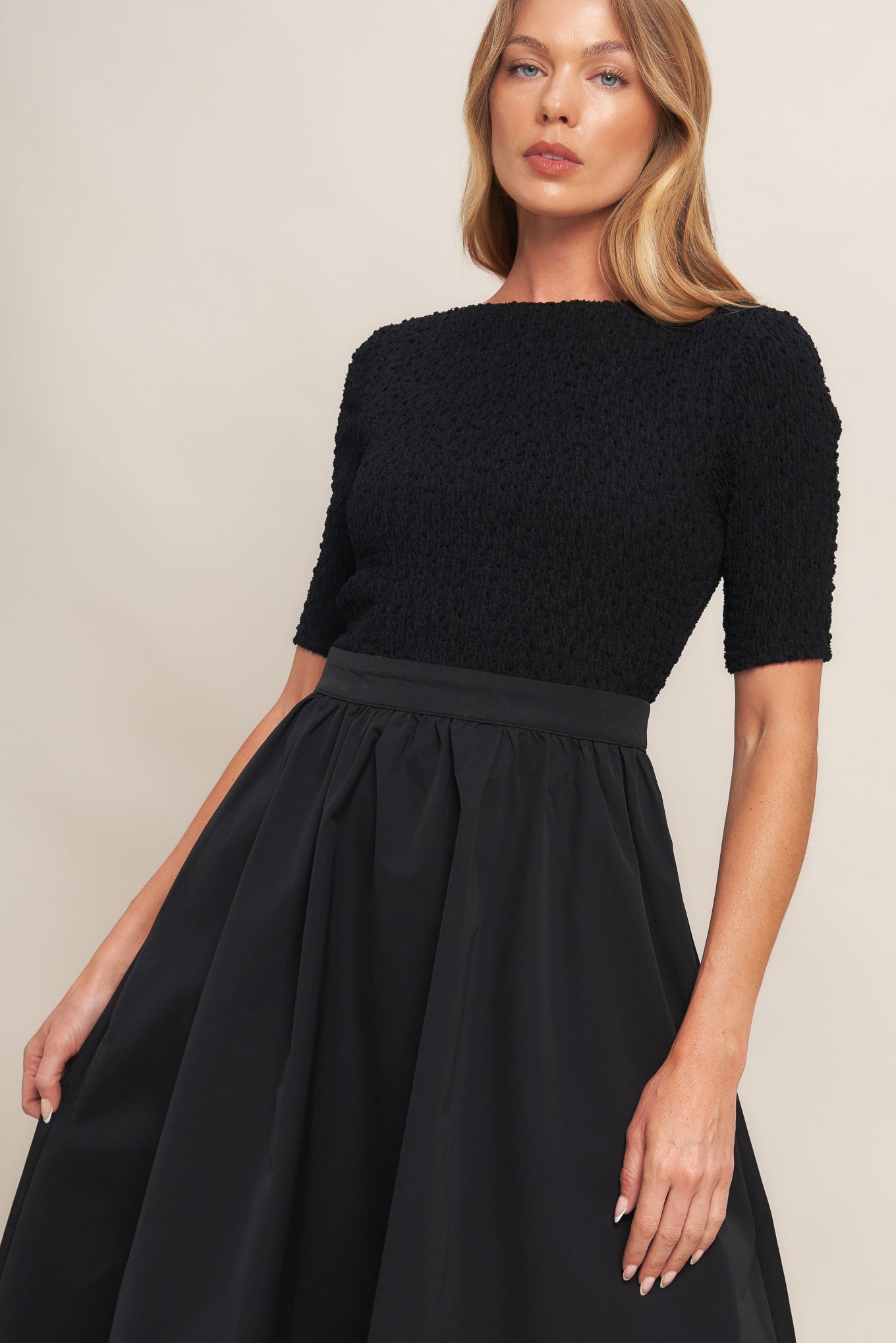 EVENING GRACE BLACK WOVEN MIDI DRESS Flying Tomato
