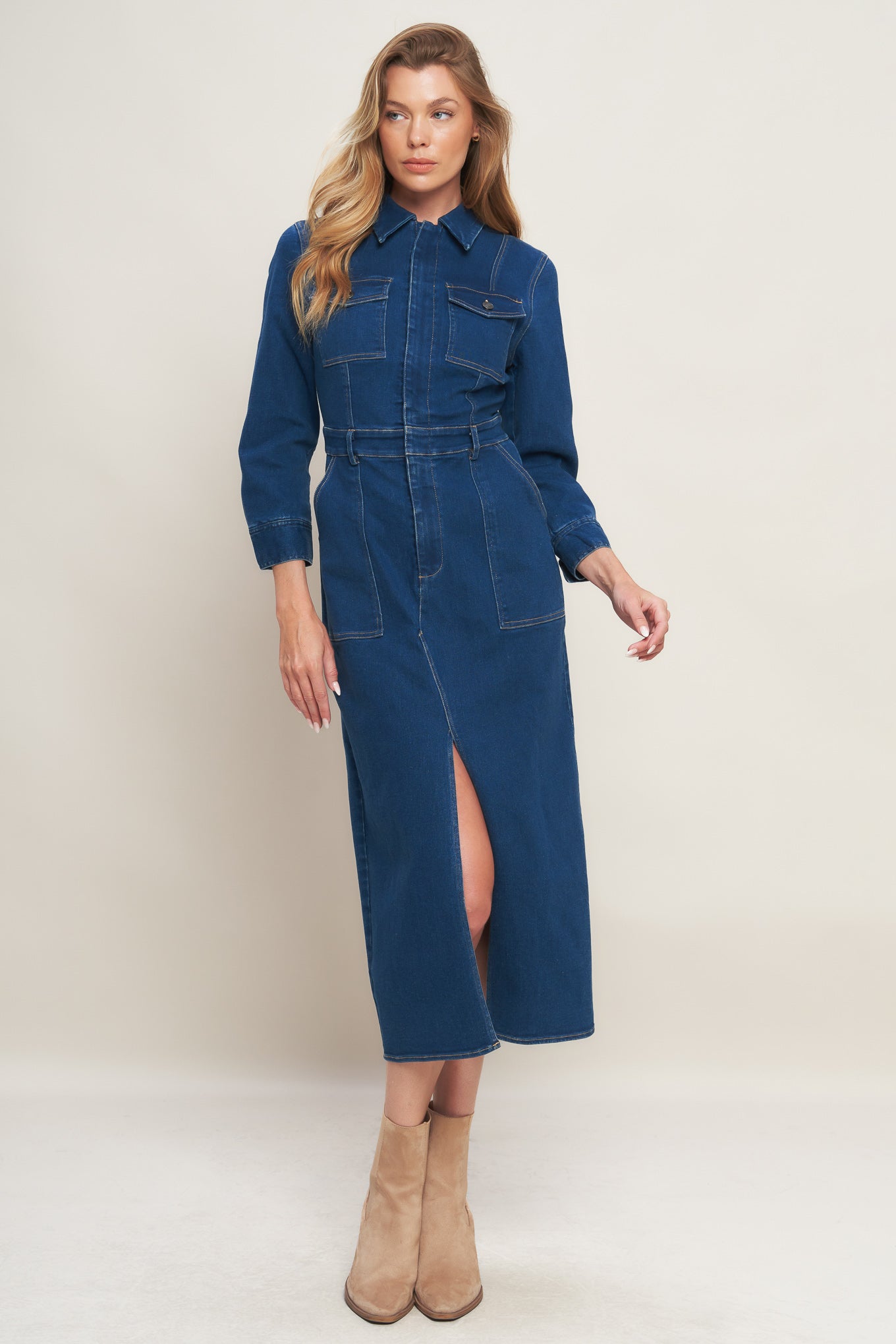 MIDNIGHT DARK INDIGO DENIM MIDI DRESS Flying Tomato