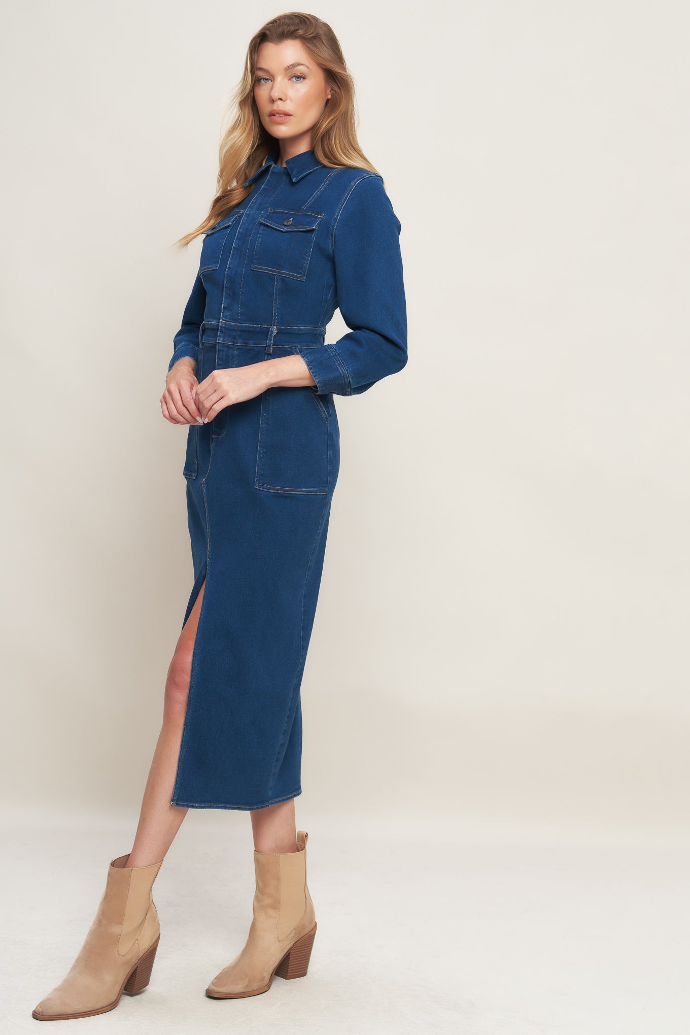 MIDNIGHT DARK INDIGO DENIM MIDI DRESS Flying Tomato