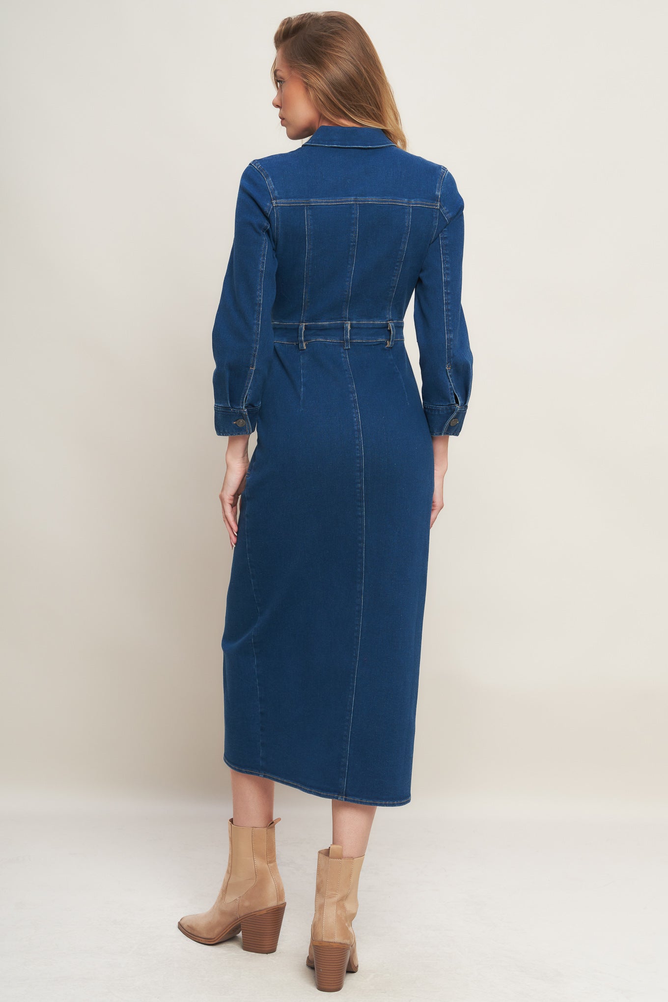 MIDNIGHT DARK INDIGO DENIM MIDI DRESS Flying Tomato