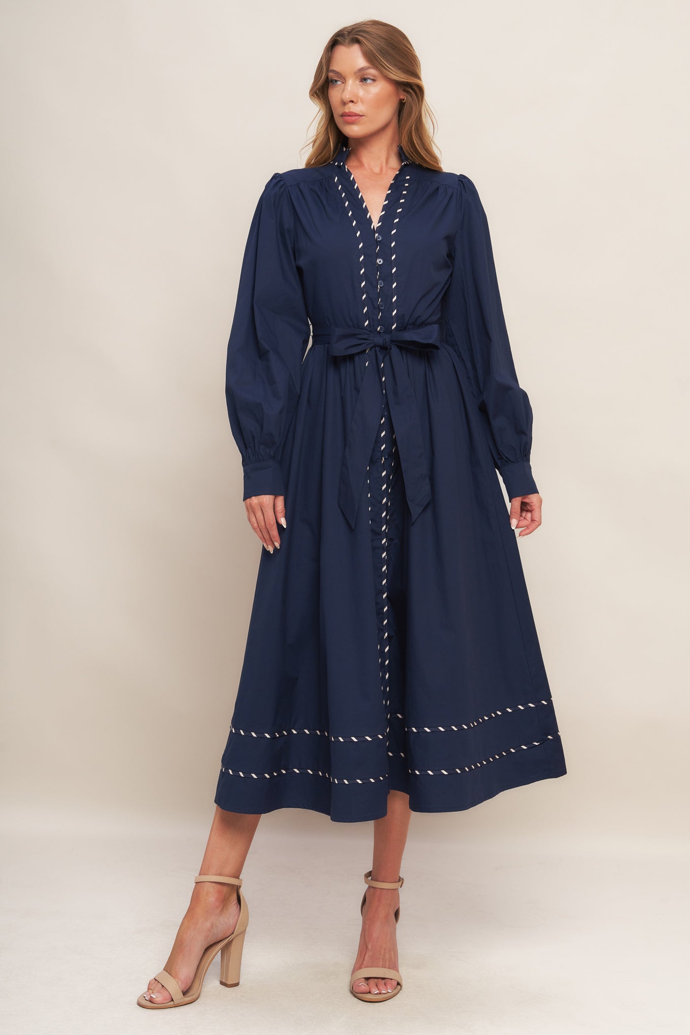 SHINE BRIGHT NAVY LONG SLLEVE WOVEN MIDI DRESS Flying Tomato