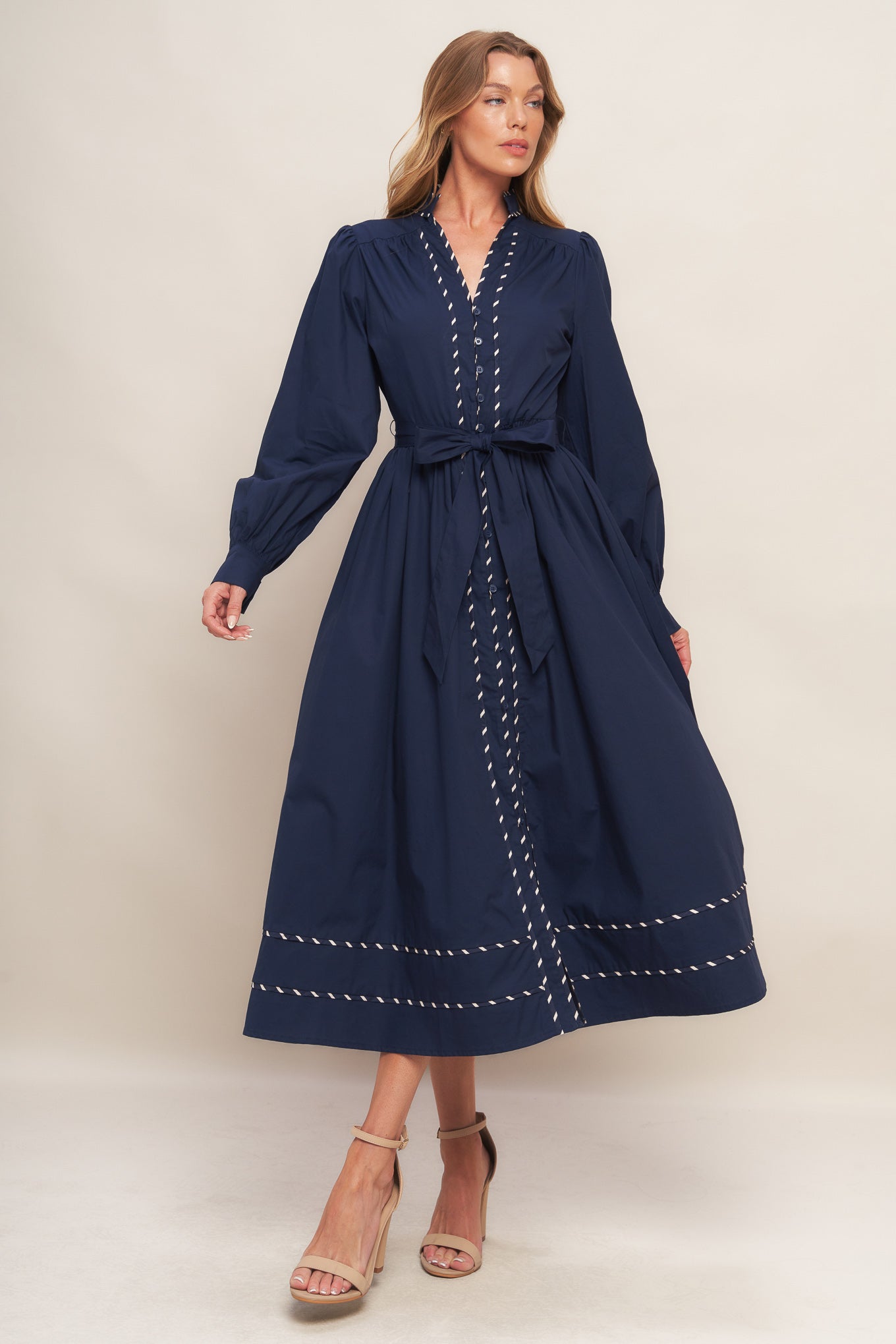 SHINE BRIGHT NAVY LONG SLLEVE WOVEN MIDI DRESS Flying Tomato