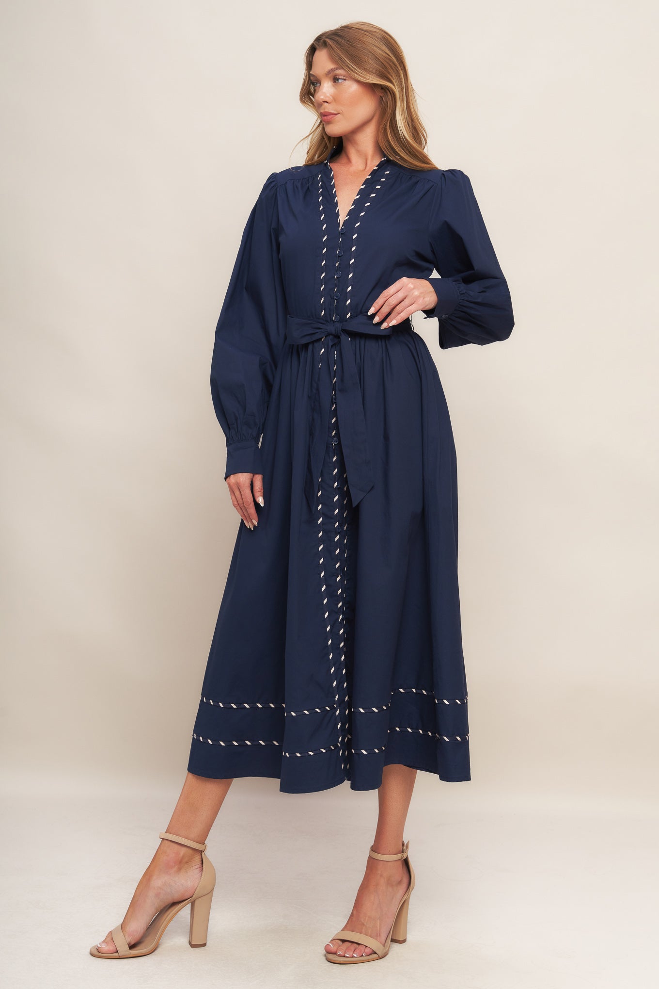 SHINE BRIGHT NAVY LONG SLLEVE WOVEN MIDI DRESS Flying Tomato