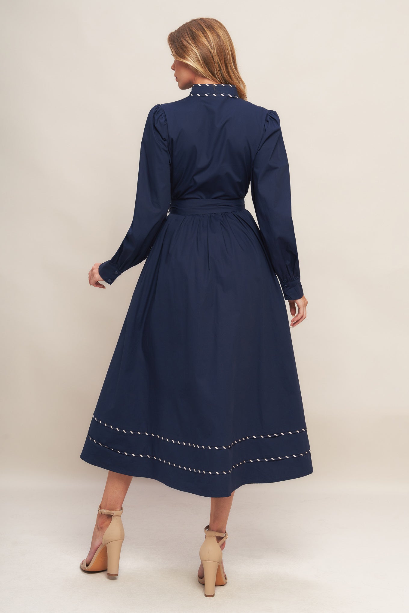 SHINE BRIGHT NAVY LONG SLLEVE WOVEN MIDI DRESS Flying Tomato