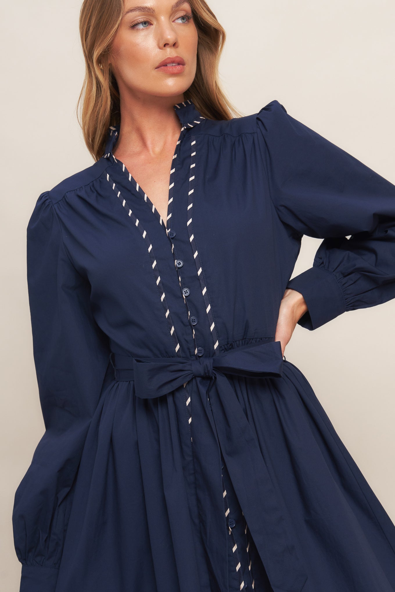 SHINE BRIGHT NAVY LONG SLLEVE WOVEN MIDI DRESS Flying Tomato