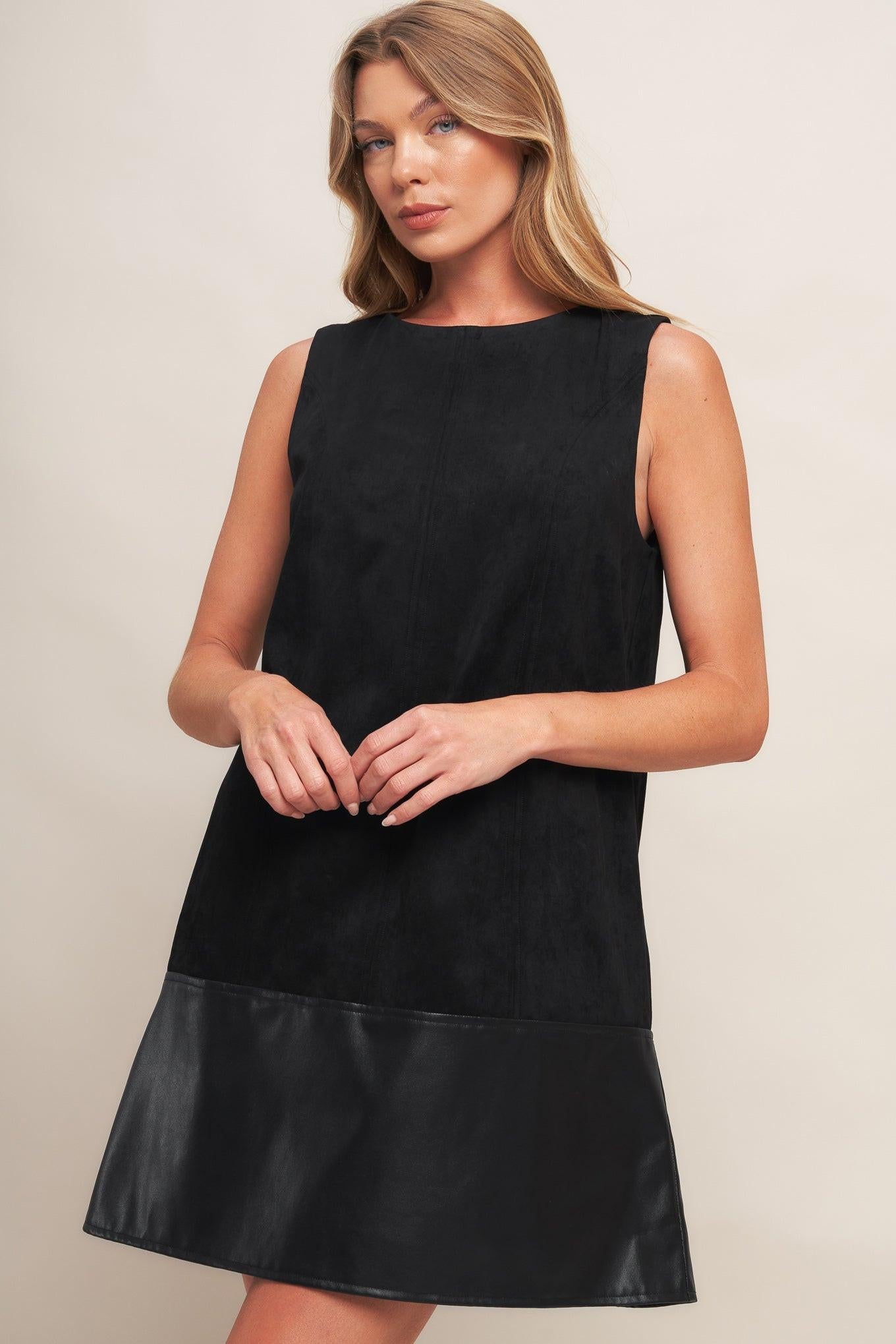 Close-up of the Flying Tomato CITY SLEEK dress, showcasing the luxurious faux suede texture and faux leather details.