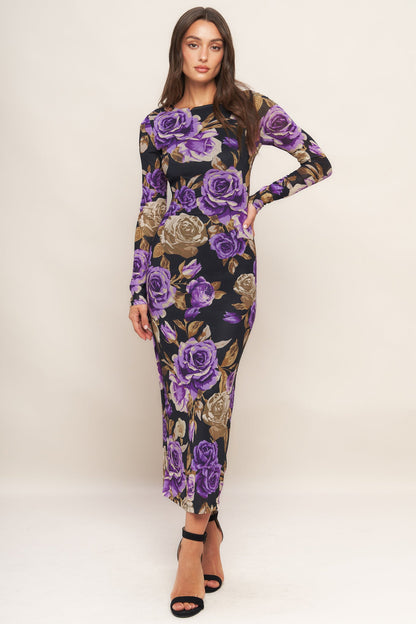 VIOLET EMBRACE POWER MESH MIDI DRESS