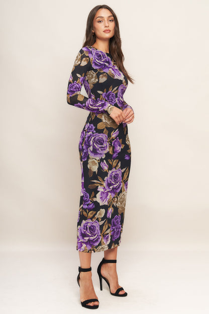 VIOLET EMBRACE POWER MESH MIDI DRESS