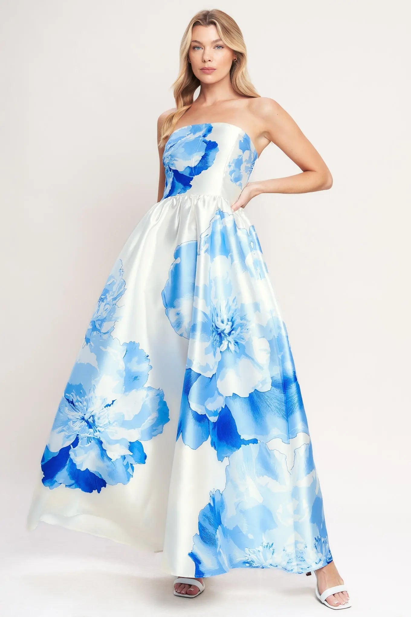 Luxe Peony Strapless Printed Woven Floral Maxi Dress Flying Tomato