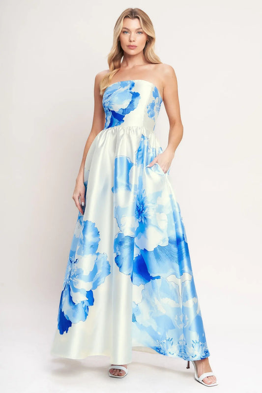 Luxe Peony Strapless Printed Woven Floral Maxi Dress Flying Tomato
