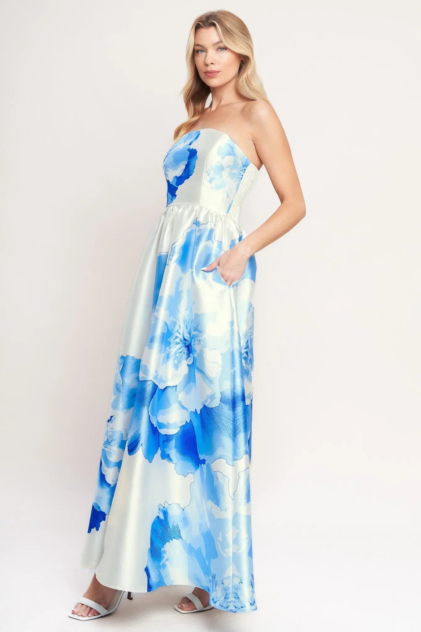 Luxe Peony Strapless Printed Woven Floral Maxi Dress Flying Tomato