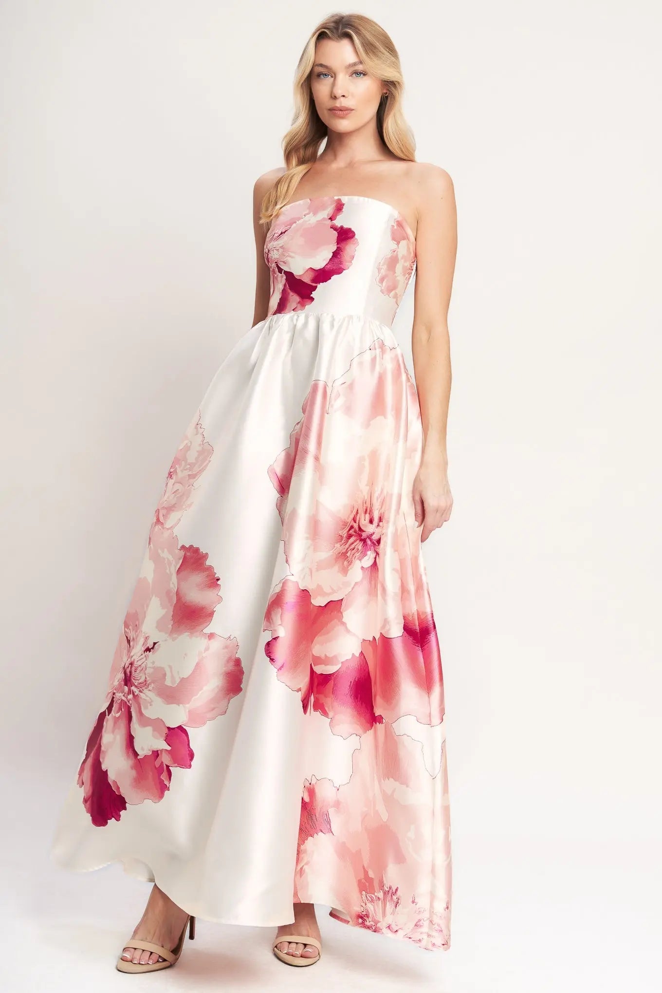 Luxe Peony Strapless Printed Woven Floral Maxi Dress Flying Tomato