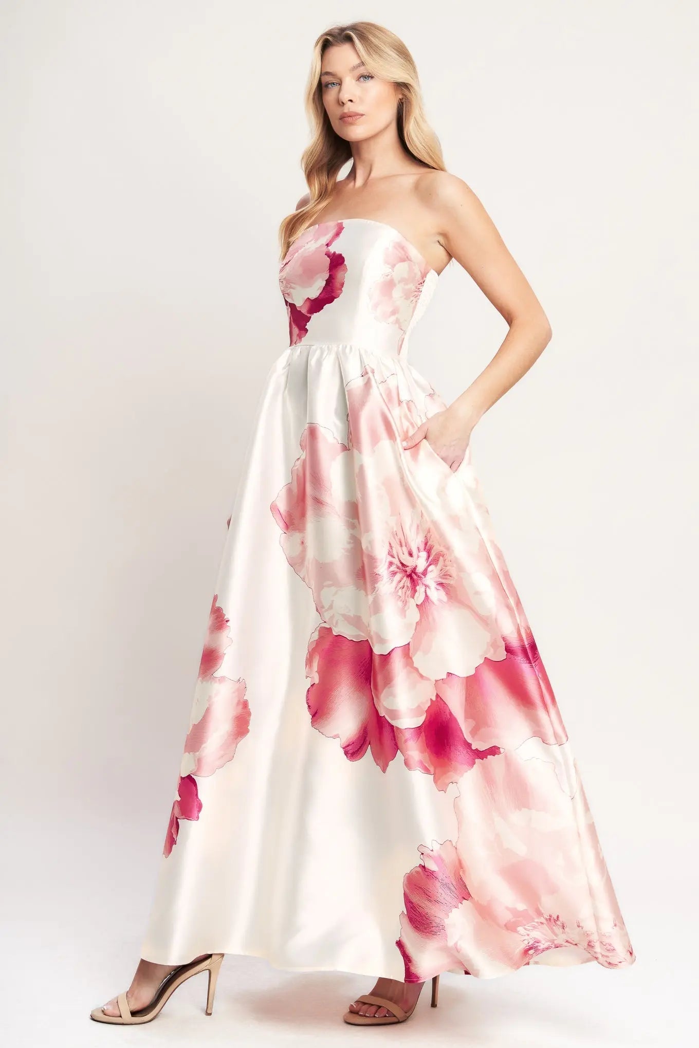 Luxe Peony Strapless Printed Woven Floral Maxi Dress Flying Tomato