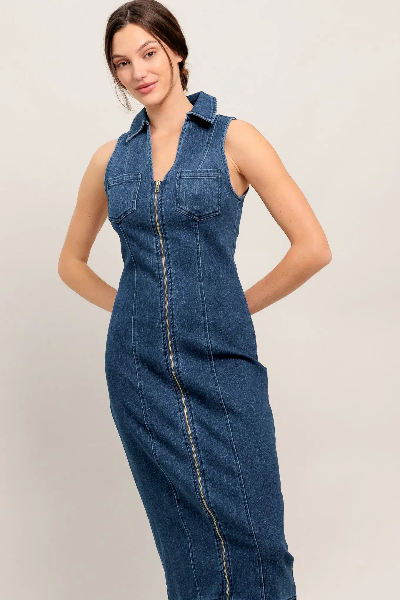Everyday Edge Denim Midi Dress Sleeveless With Front Zipper Pockets Flying Tomato