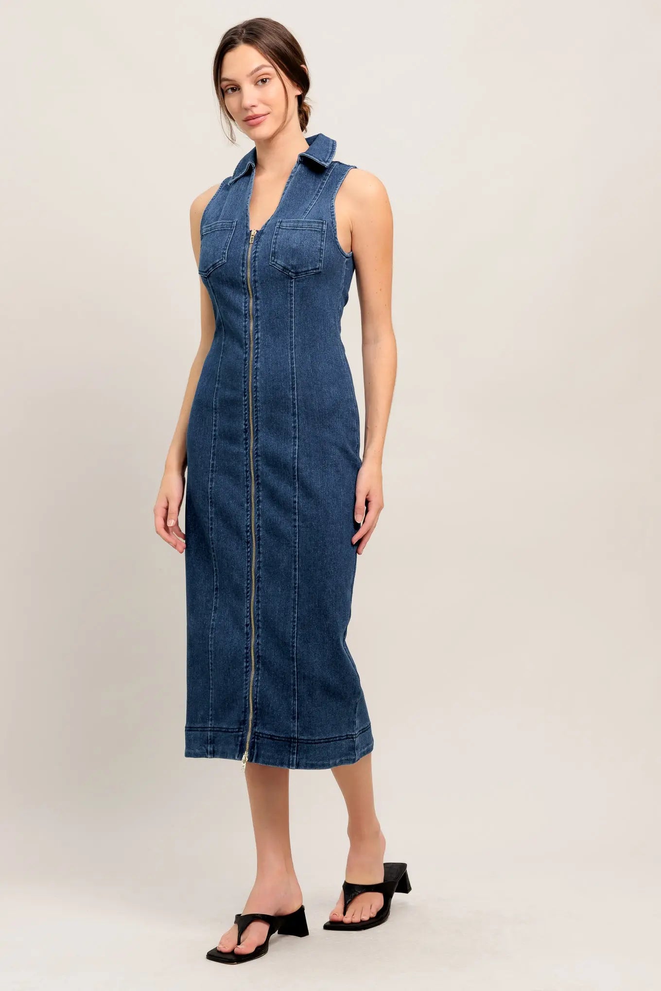 Everyday Edge Denim Midi Dress Sleeveless With Front Zipper Pockets Flying Tomato