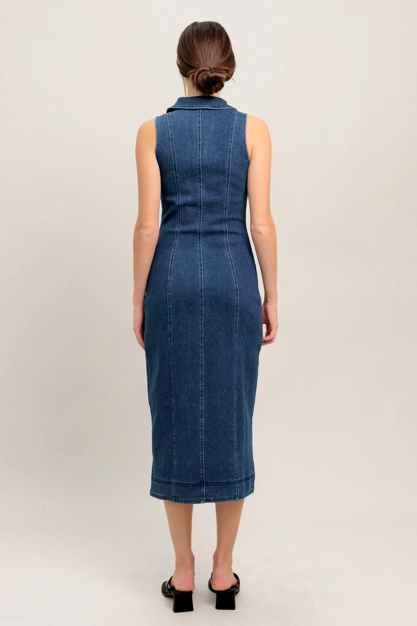 Everyday Edge Denim Midi Dress Sleeveless With Front Zipper Pockets Flying Tomato