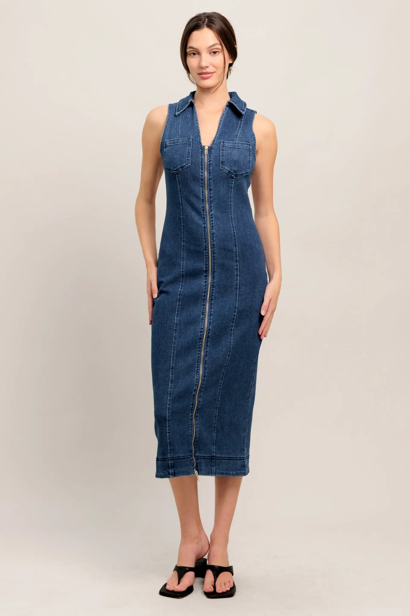 Everyday Edge Denim Midi Dress Sleeveless With Front Zipper Pockets Flying Tomato