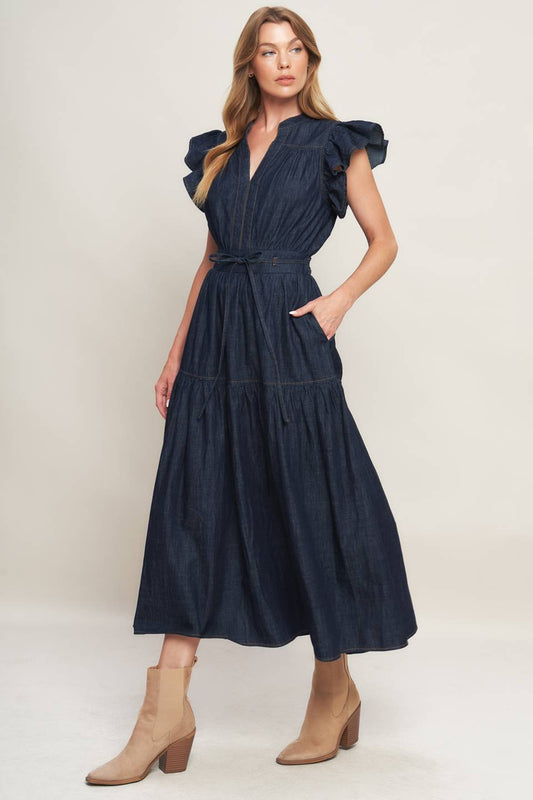 POWER DENIM GODDESS DARK INDIGO MIDI DRESS Flying Tomato