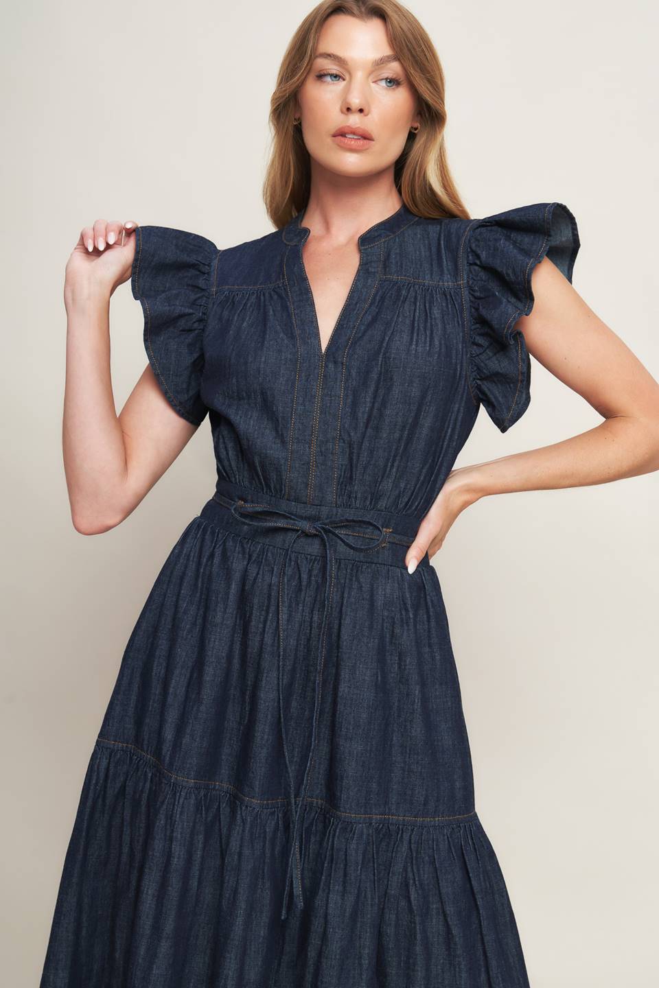POWER DENIM GODDESS DARK INDIGO MIDI DRESS Flying Tomato