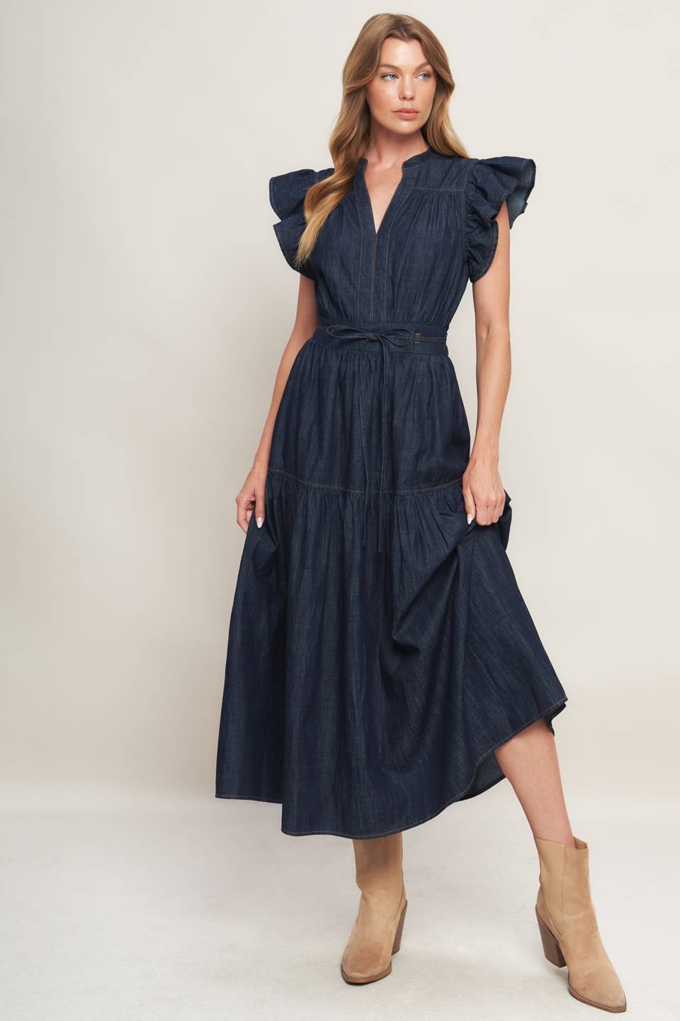 POWER DENIM GODDESS DARK INDIGO MIDI DRESS Flying Tomato