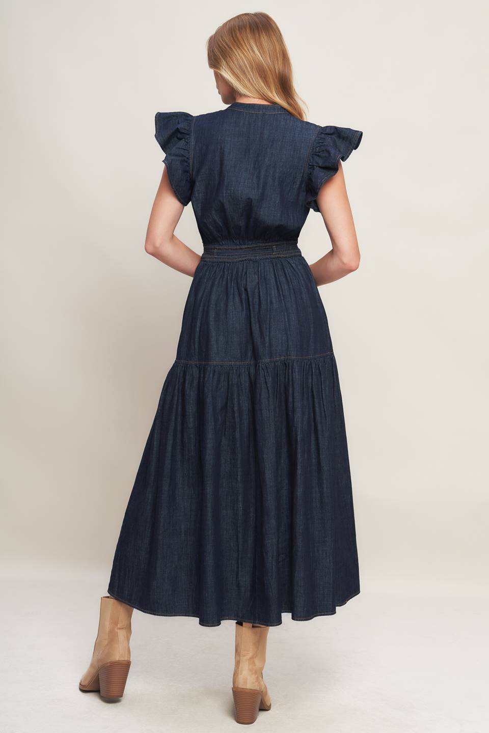 POWER DENIM GODDESS DARK INDIGO MIDI DRESS Flying Tomato