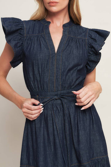 POWER DENIM GODDESS DARK INDIGO MIDI DRESS
