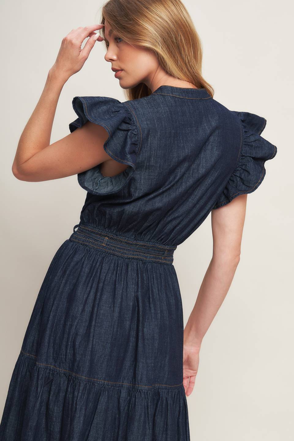 POWER DENIM GODDESS DARK INDIGO MIDI DRESS Flying Tomato