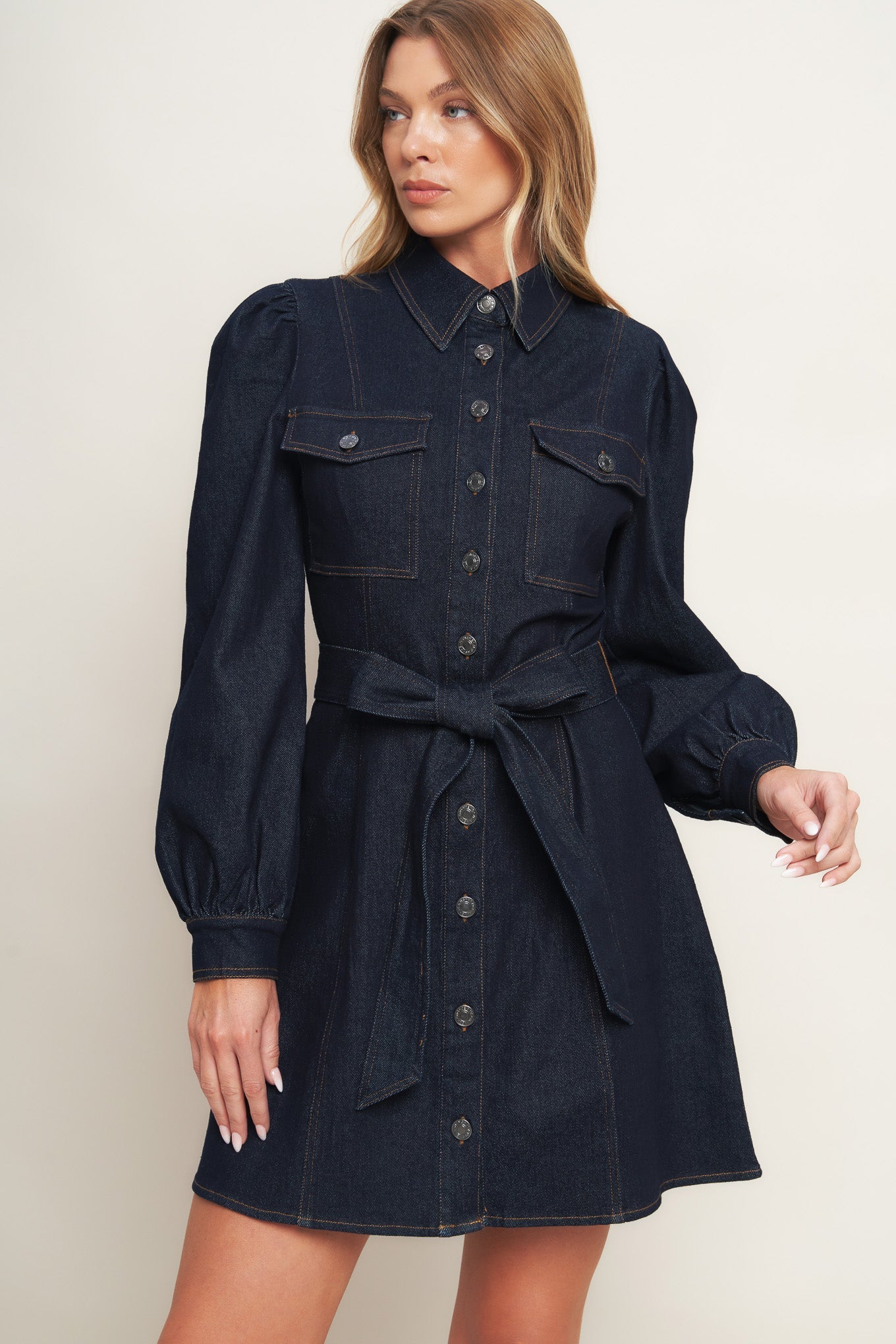 HOLIDAY DARK INDIGO DENIM MINI DRESS Flying Tomato
