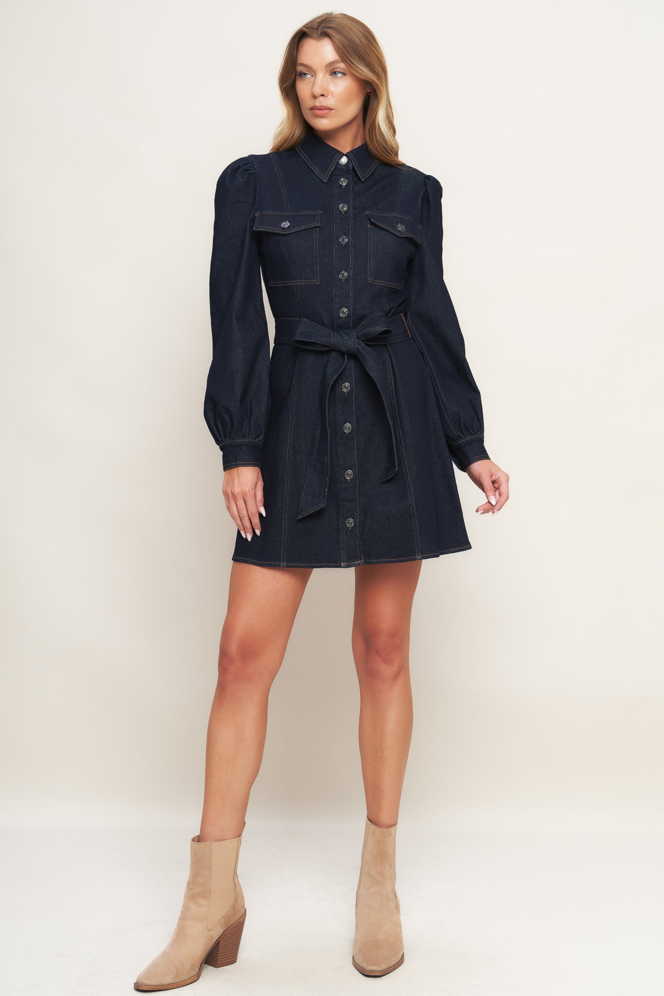 HOLIDAY DARK INDIGO DENIM MINI DRESS Flying Tomato