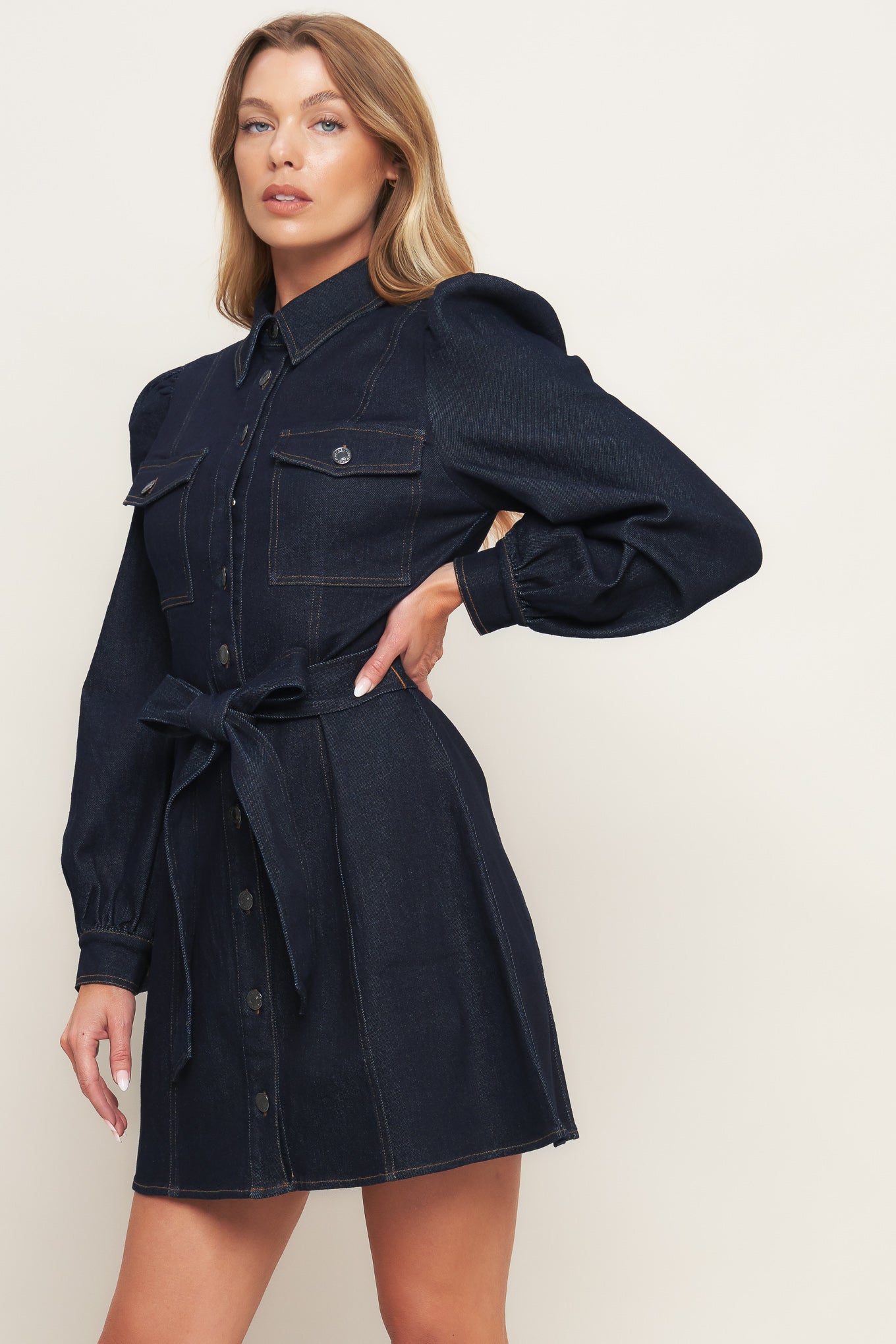 HOLIDAY DARK INDIGO DENIM MINI DRESS Flying Tomato