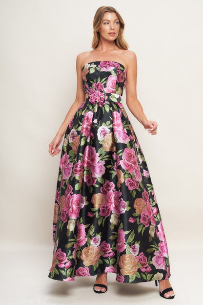 Glamour Garden Printed Strapless Maxi Dress Back Zipper