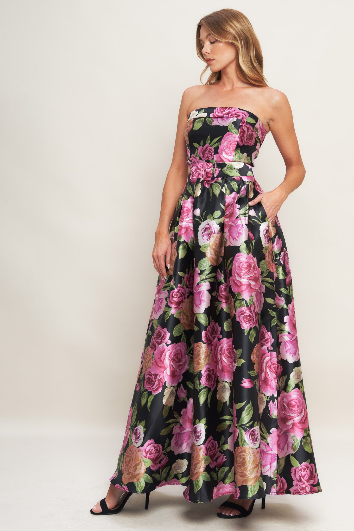 Glamour Garden Printed Strapless Maxi Dress Back Zipper