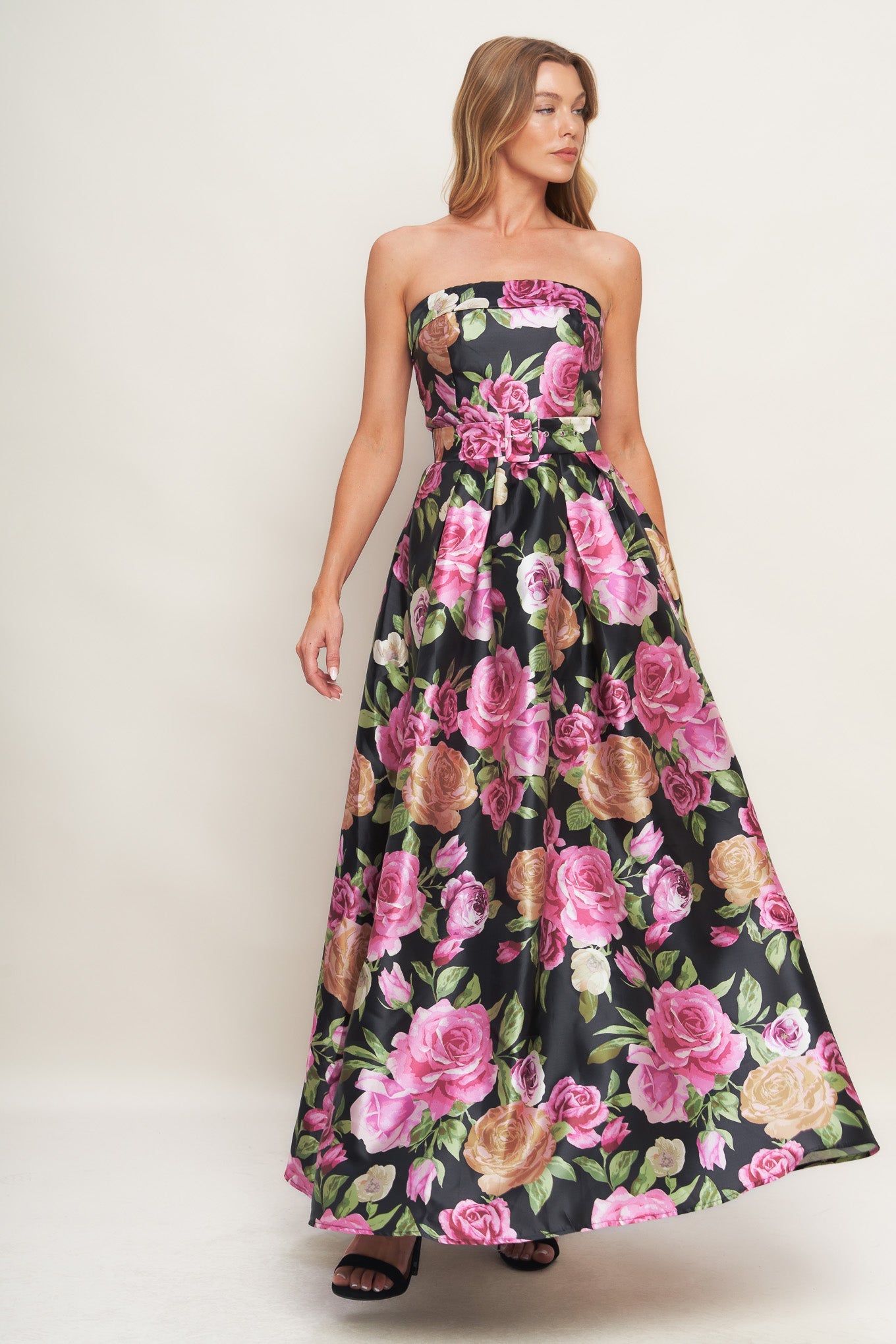 Glamour Garden Printed Strapless Maxi Dress Back Zipper