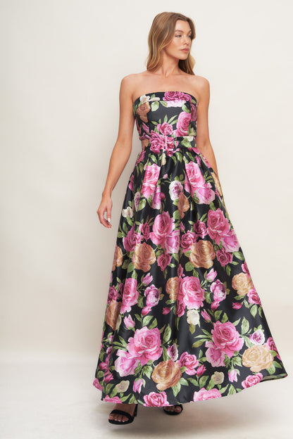 Glamour Garden Printed Strapless Maxi Dress Back Zipper