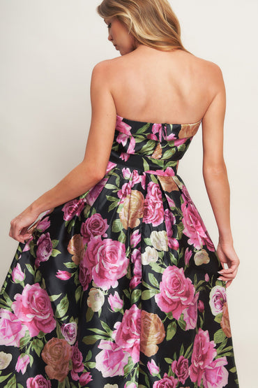 Glamour Garden Printed Strapless Maxi Dress Back Zipper