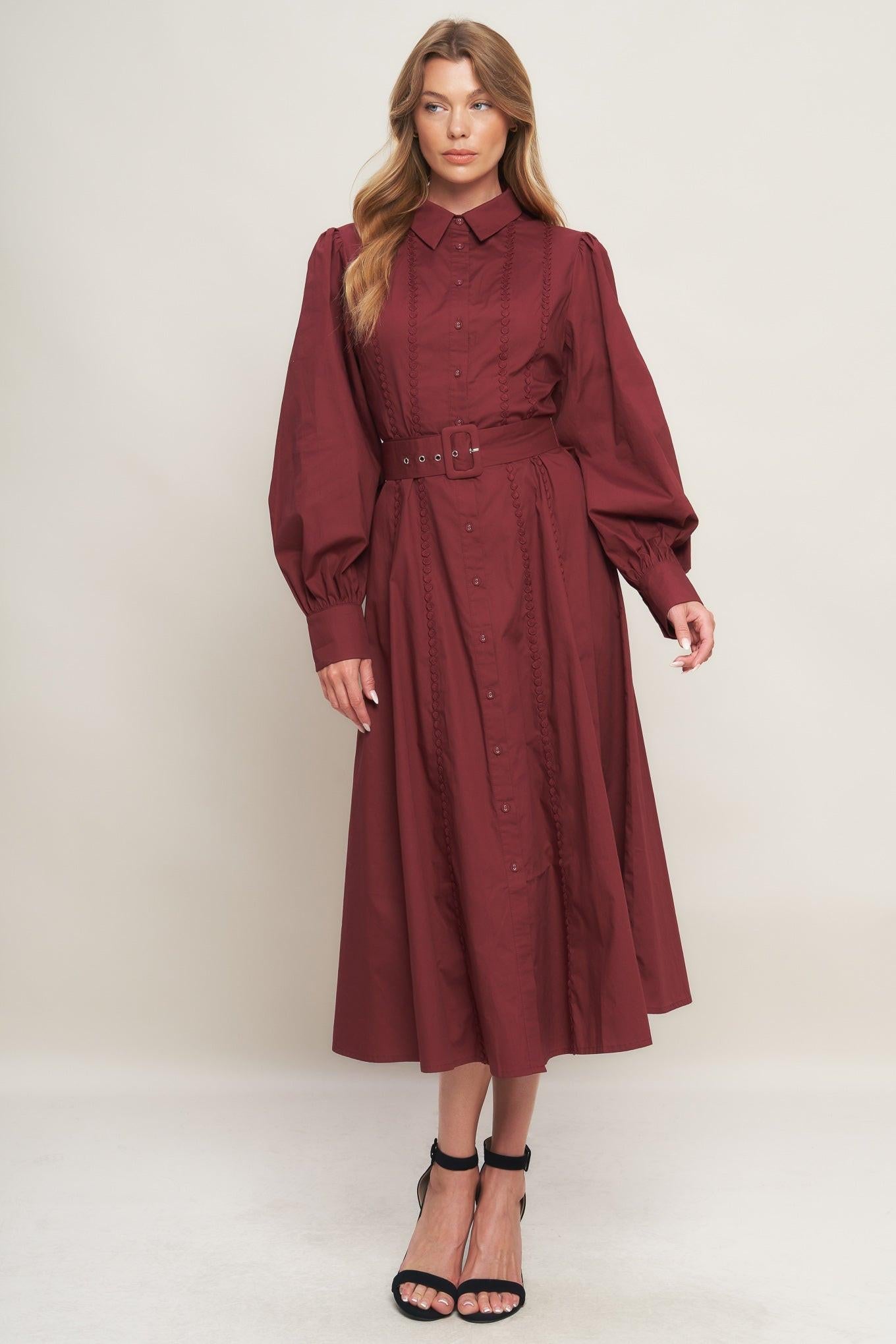 Flying Tomato Modern Femme Burgundy Woven Midi Dress, elegant back view, highlighting its sophisticated design.