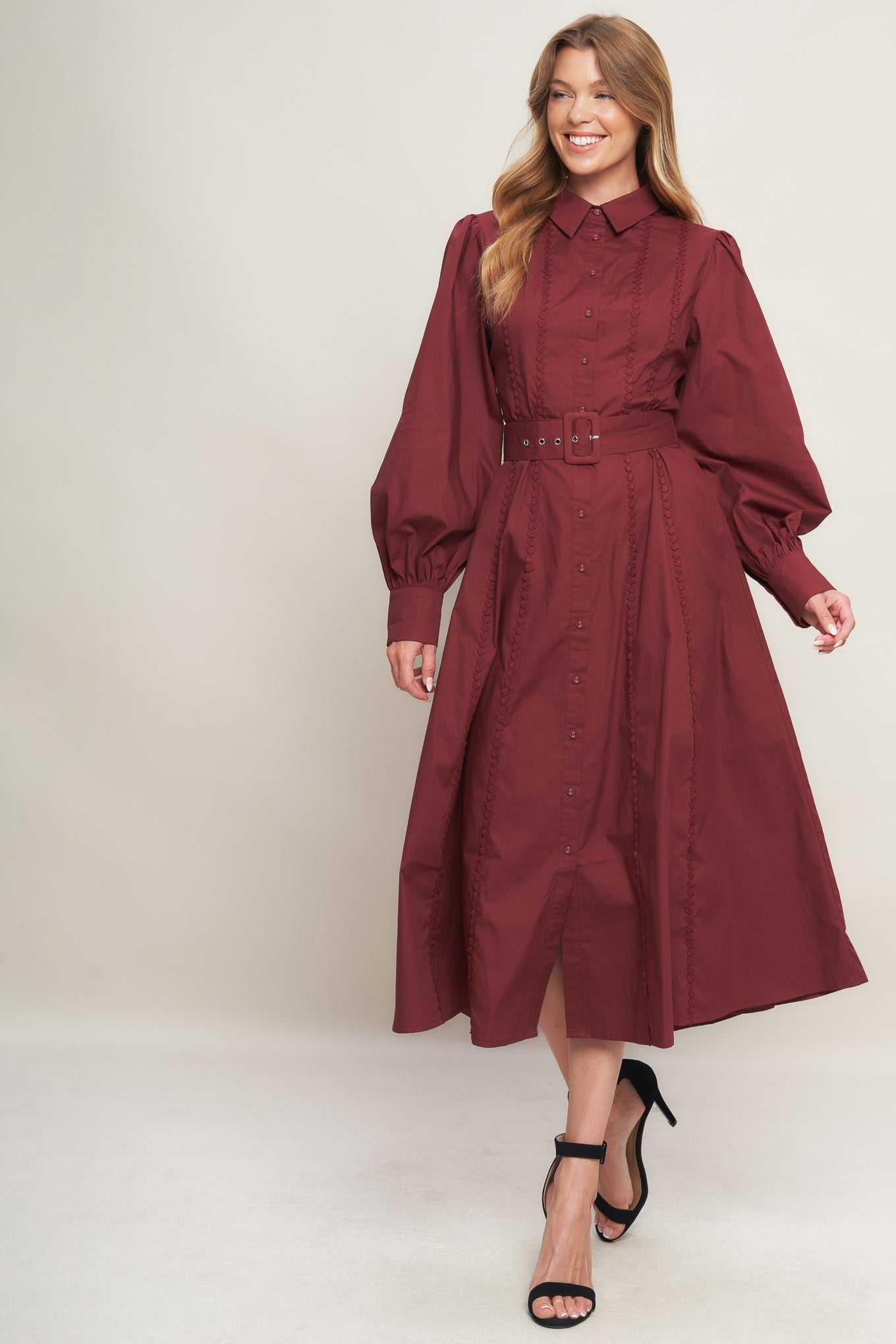 MODERN FEMME BURGUNDY WOVEN MIDI DRESS Flying Tomato
