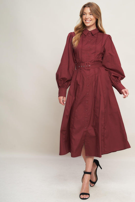 Flying Tomato Modern Femme Burgundy Woven Midi Dress, full front view, elegant and stylish for any occasion.