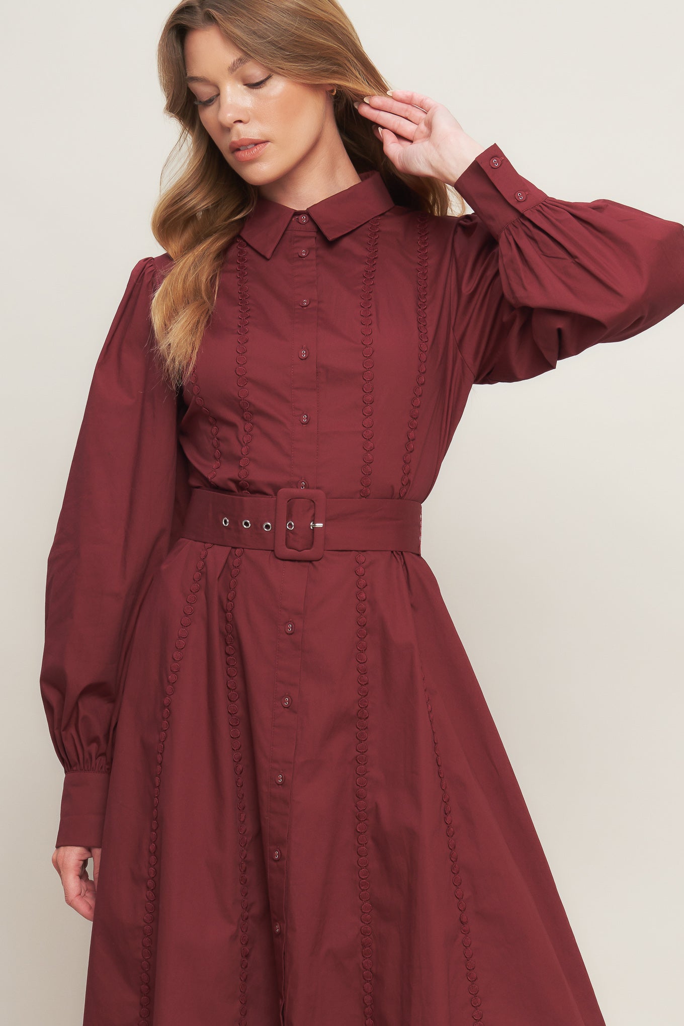 MODERN FEMME BURGUNDY WOVEN MIDI DRESS Flying Tomato