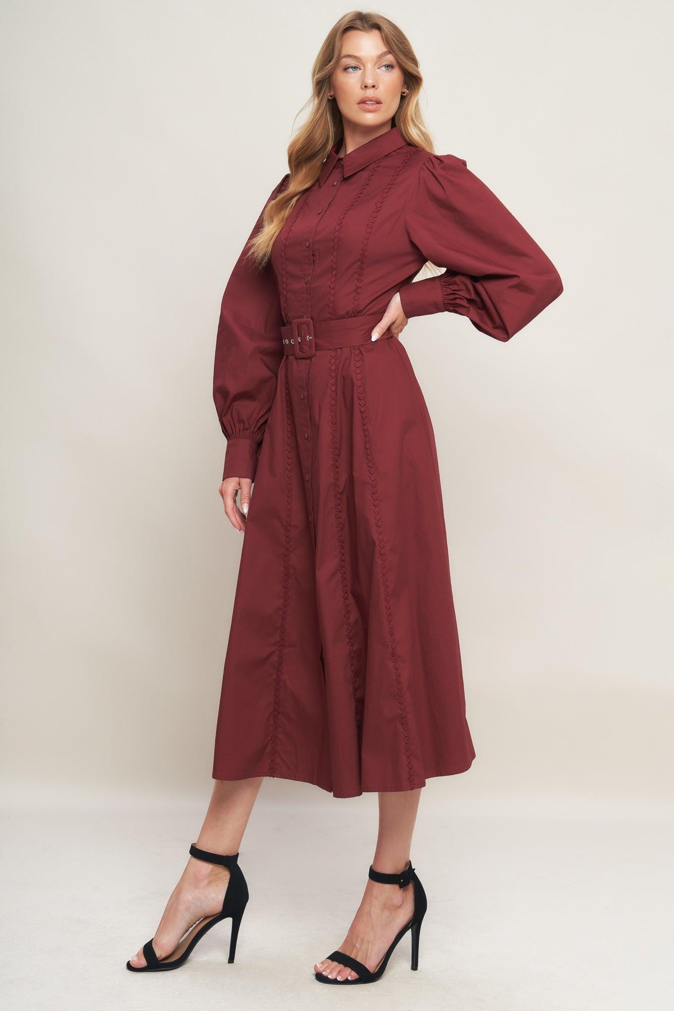 Detailed close-up of the Flying Tomato Modern Femme Burgundy Woven Midi Dress's soft, high-quality woven fabric.