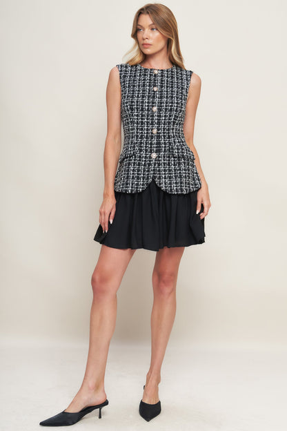 Modern Icon Tweed Woven Mini Dress Neckline Front Button