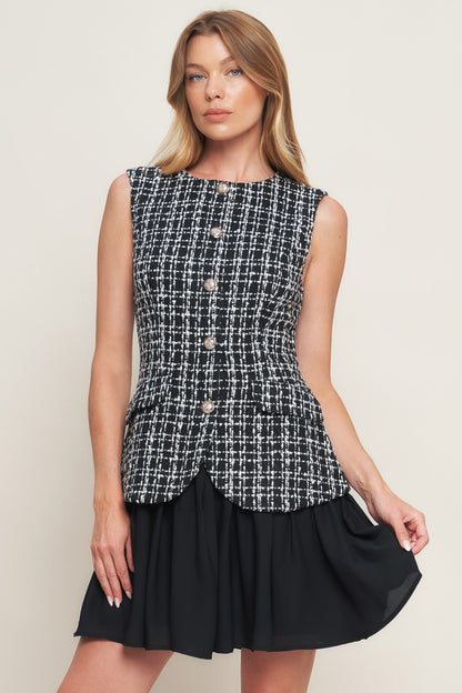 Modern Icon Tweed Woven Mini Dress Neckline Front Button