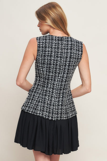 Modern Icon Tweed Woven Mini Dress Neckline Front Button