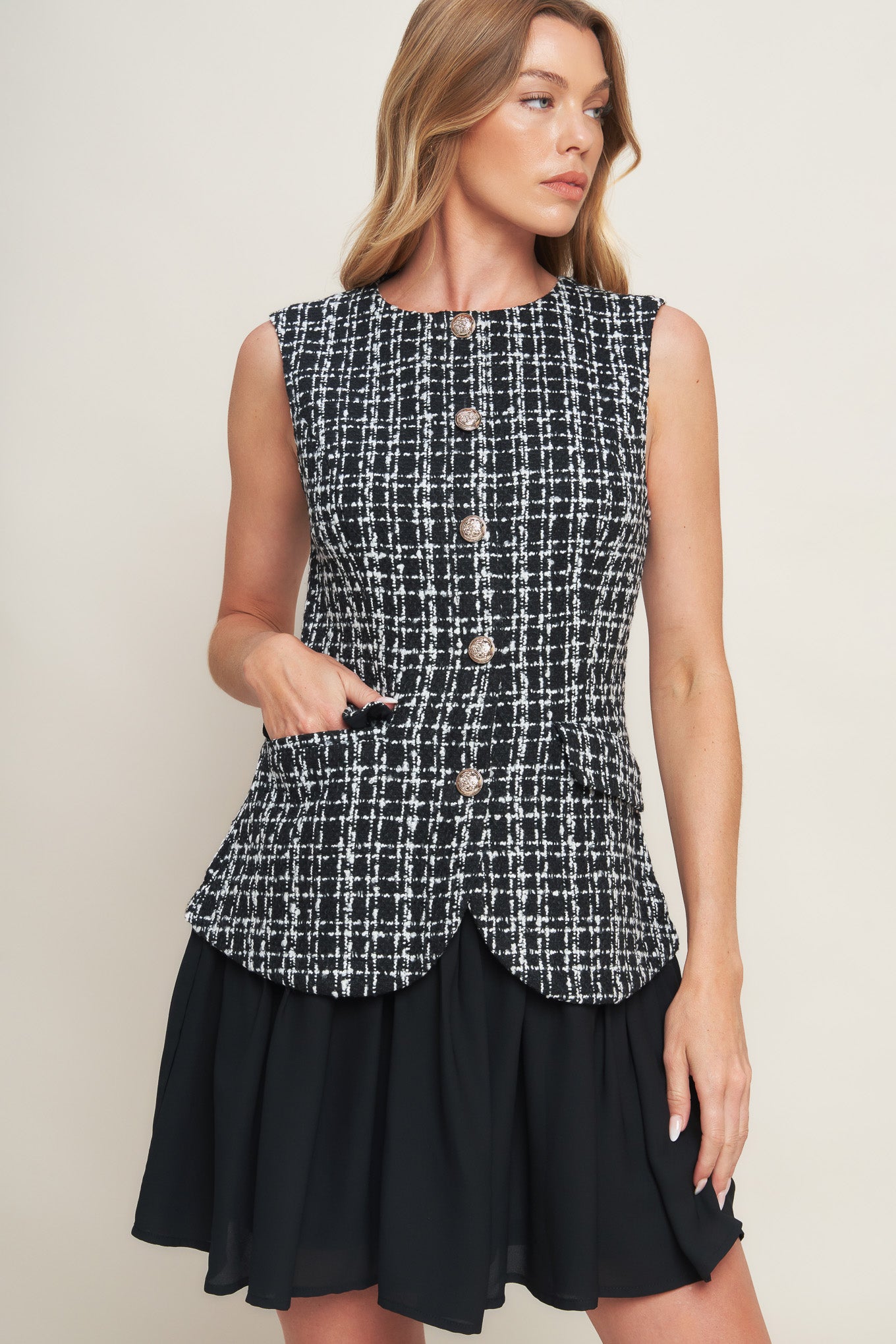 Modern Icon Tweed Woven Mini Dress Neckline Front Button