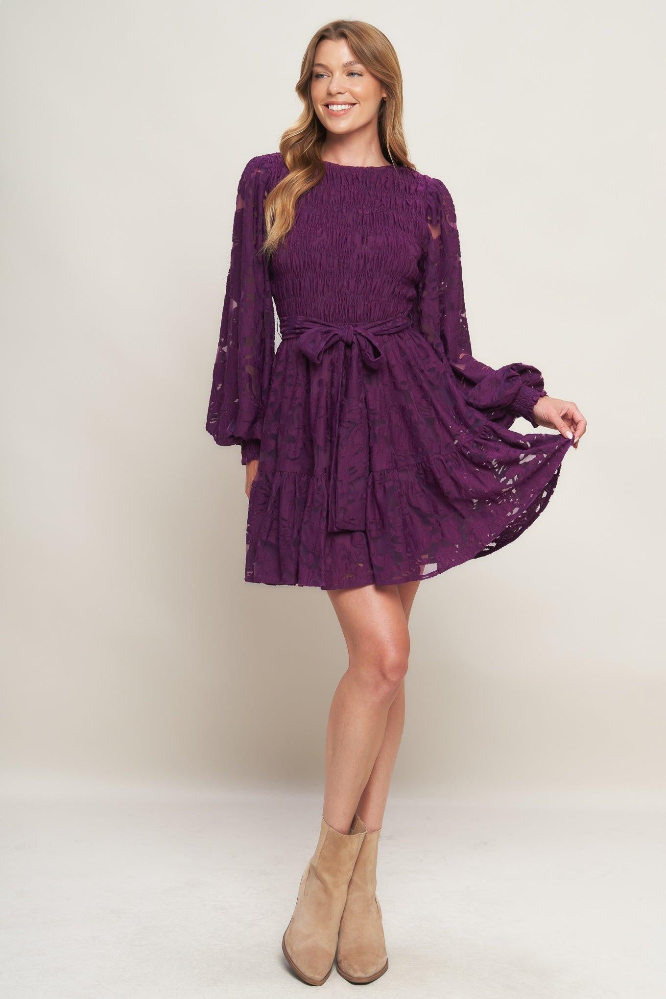 Close-up of the intricate woven lace detail on the Flying Tomato Passion Plum Mini Dress, revealing its rich texture and qual