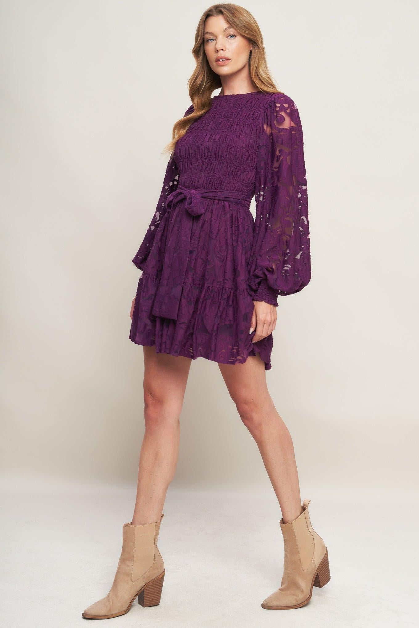 Back view of the Flying Tomato Passion Plum Woven Lace Mini Dress, featuring its elegant silhouette and subtle back design.